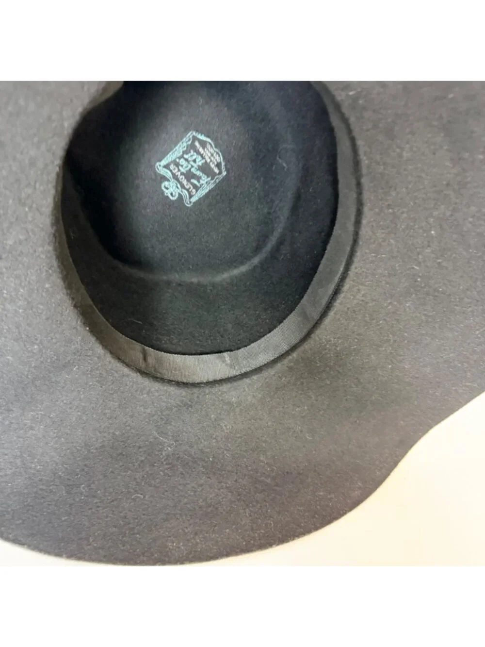 Vintage Glenover Black Felt Hat Leather Bow USA Made Large Wide Brim